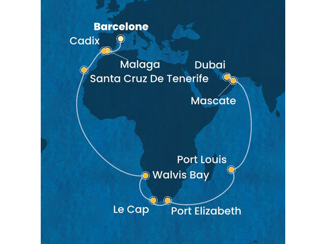 Espagne, Canaries, Namibia, Afrique du Sud, Maurice, Oman, Emirats Arabes Unis avec le Costa Toscana