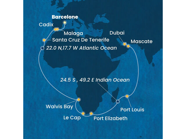 Espagne, Canaries, Namibia, Afrique du Sud, Maurice, Oman, Emirats Arabes Unis avec le Costa Toscana