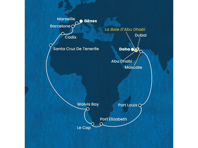 Italie, France, Espagne, Canaries, Namibie, Afrique du Sud, Maurice, Oman, Emirats Arabes Unis avec le Costa Smeralda