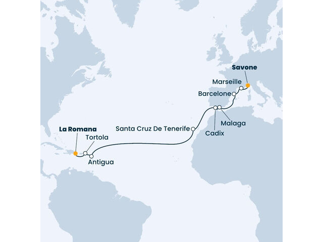 Rép.Dominicaine, Iles Vierges, Antilles, Canaries, Espagne, France, Italie à bord du Costa Pacifica