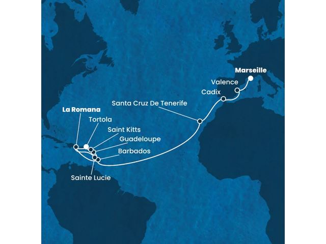 
            France, Espagne, Canaries, Antilles, Rép.Dominicaine, Iles Vierges avec le Costa Pacifica
         