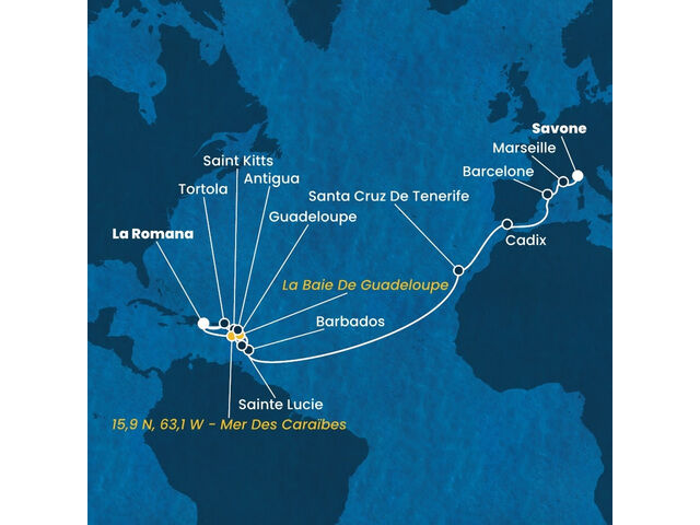 Italie, France, Espagne, Canaries, Antilles, Iles Vierges, Rép.Dominicaine à bord du Costa Fascinosa