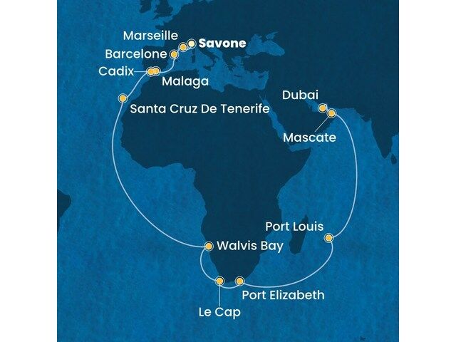 Italie, France, Espagne, Canaries, Namibia, Afrique du Sud, Maurice, Oman, Emirats Arabes Unis avec le Costa Toscana