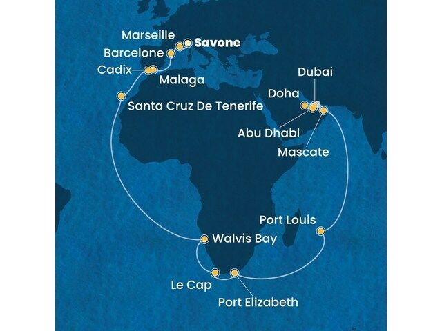 Italie, France, Espagne, Canaries, Namibia, Afrique du Sud, Maurice, Oman, Emirats Arabes Unis avec le Costa Toscana