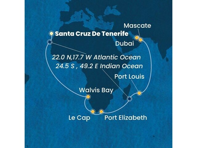 Canaries, Namibia, Afrique du Sud, Maurice, Oman, Emirats Arabes Unis avec le Costa Toscana