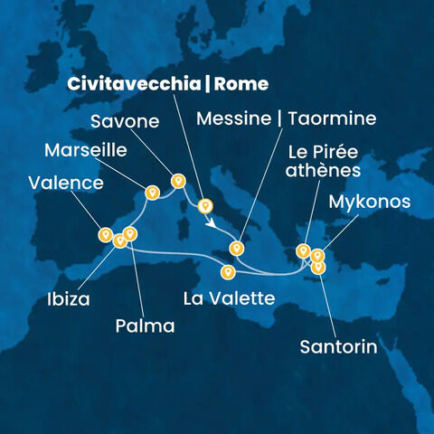 Italie, Grèce, Malte, Baléares, Espagne, France à bord du Costa Serena