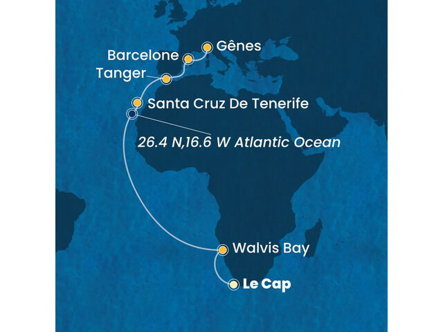 Afrique du Sud, Namibia, Canaries, Maroc, Espagne, Italie à bord du Costa Smeralda