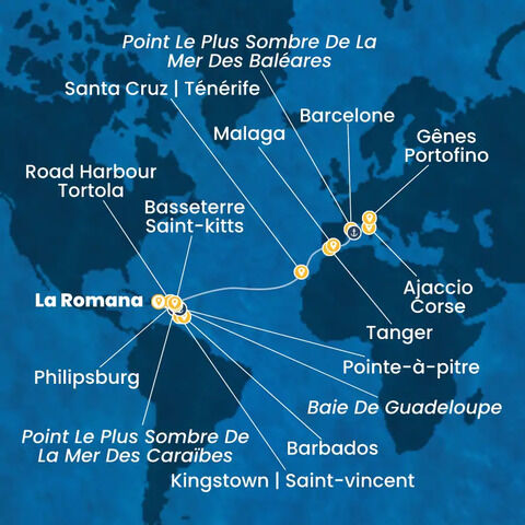 Rép.Dominicaine, Antilles, Iles Vierges, Canaries, Maroc, Espagne, Corse (France), Italie à bord du Costa Fascinosa