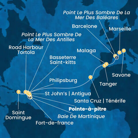 Antilles, Iles Vierges, Canaries, Maroc, Espagne, France, Italie à bord du Costa Favolosa