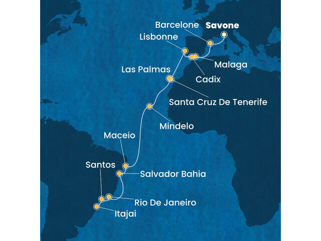 Italie, Espagne, Portugal, Canaries, Cap Vert, Brésil à bord du Costa Diadema